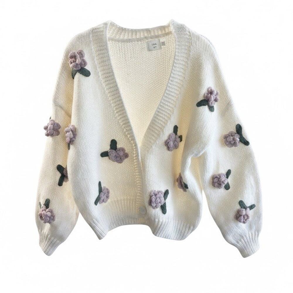 LUNA IVY CREAM CARDIGAN WOMENS SWEATER 3D PINK FLOWER ROSES ROMANTIC SMALL